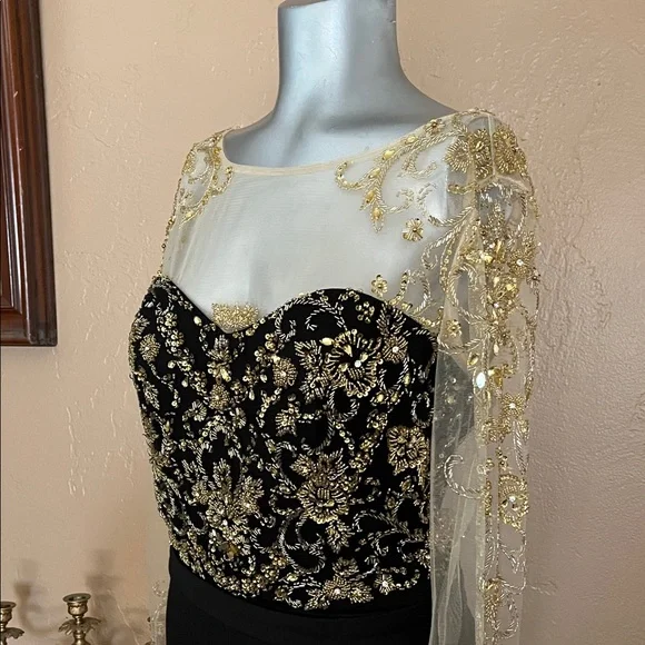 Vintage Eureka Black and Gold Embroidered Long Sleeve Dress.  Sz 10 - Picture 4 of 11